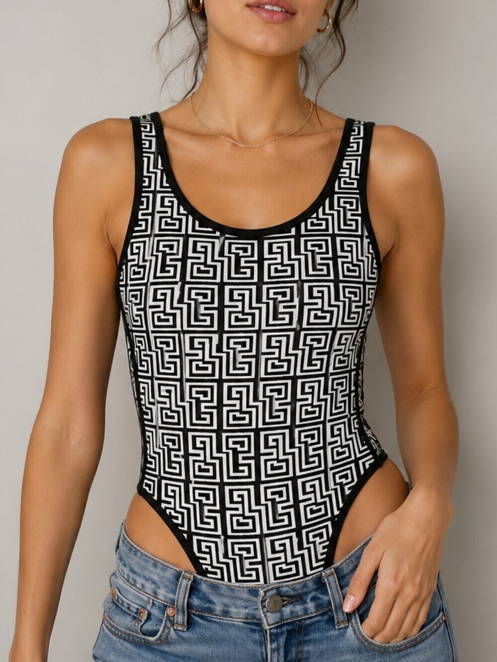 3/$30 MINETTE Monochrome Monogram Scoop Neck Festival Bodysuit
